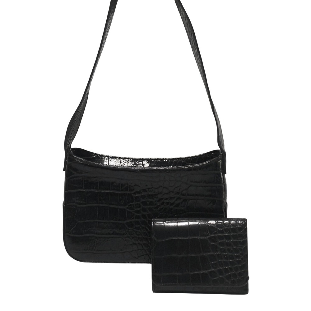 Giannini Vintage Black Faux Croc Leather Shoulder Bag & Matching Bifold Wallet